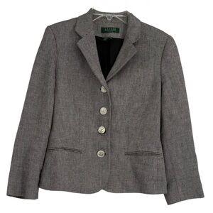 Lauren Ralph Lauren Linen Blazer Womens Size 6P Lined Button Front Black Tweed